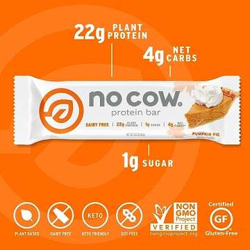 No Cow High Protein Bars, Pumpkin Pie - Healthy Snacks, 20g Vegan Protein, High Fiber, Low Sugar, Keto Friendly, Dairy & Gluten Free (12 Count)