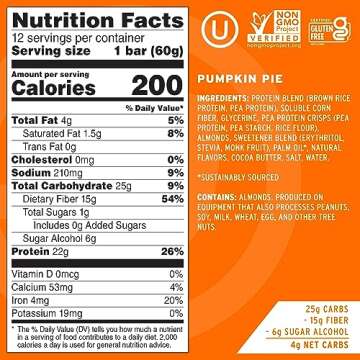 No Cow High Protein Bars, Pumpkin Pie - Healthy Snacks, 20g Vegan Protein, High Fiber, Low Sugar, Keto Friendly, Dairy & Gluten Free (12 Count)