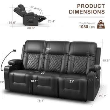 FURNIMAT Recliner Sofa, Reclining Sofa 3 Seats Dual Recliner, PU Leather Recliner Couch, Modern Recl...