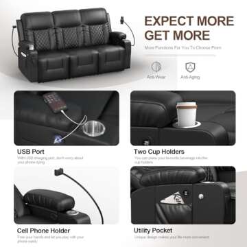 FURNIMAT Recliner Sofa, Reclining Sofa 3 Seats Dual Recliner, PU Leather Recliner Couch, Modern Recliner Chair for Living Room, with Cup Holder and 2 Cell Phone Holder, USB Ports, Black
