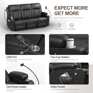 FURNIMAT Recliner Sofa, Reclining Sofa 3 Seats Dual Recliner, PU Leather Recliner Couch, Modern Recliner Chair for Living Room, with Cup Holder and 2 Cell Phone Holder, USB Ports, Black