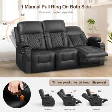 FURNIMAT Recliner Sofa, Reclining Sofa 3 Seats Dual Recliner, PU Leather Recliner Couch, Modern Recliner Chair for Living Room, with Cup Holder and 2 Cell Phone Holder, USB Ports, Black