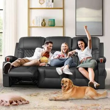 FURNIMAT Recliner Sofa, Reclining Sofa 3 Seats Dual Recliner, PU Leather Recliner Couch, Modern Recliner Chair for Living Room, with Cup Holder and 2 Cell Phone Holder, USB Ports, Black