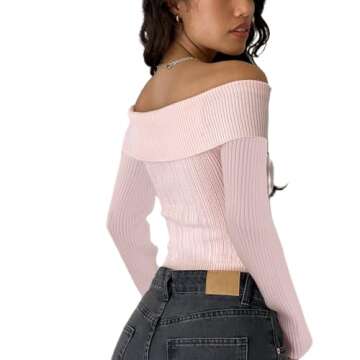 Women Off Shoulder Top Y2K Long Sleeve 3D Floral Knit Shirt Fashion Cute Solid Pullover Sweater(G-3D Floral Pink Shirt Top,S)