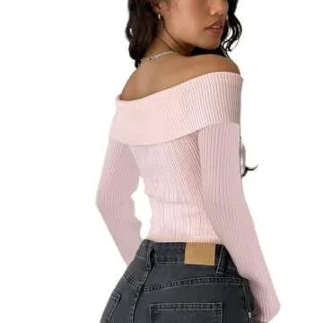 Women Off Shoulder Top Y2K Long Sleeve 3D Floral Knit Shirt Fashion Cute Solid Pullover Sweater(G-3D Floral Pink Shirt Top,S)