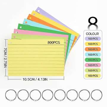 800 PCS Index Cards, 3x5 Inches Colored Flash Cards with Ring, Lined Notecards Ruled Study Card Flas...