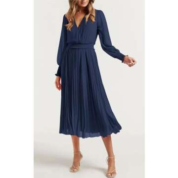 PRETTYGARDEN Womens Wrap V Neck Dresses for Wedding Guest Casual Pleated Long Sleeve Midi Dress Ruff...