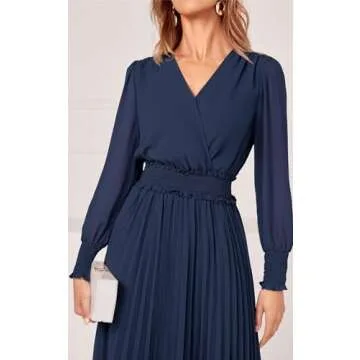 PRETTYGARDEN Womens Wrap V Neck Dresses for Wedding Guest Casual Pleated Long Sleeve Midi Dress Ruffle Smocked Long Dress (Navy,Large)