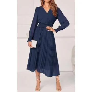 PRETTYGARDEN Womens Wrap V Neck Dresses for Wedding Guest Casual Pleated Long Sleeve Midi Dress Ruffle Smocked Long Dress (Navy,Large)
