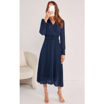 PRETTYGARDEN Womens Wrap V Neck Dresses for Wedding Guest Casual Pleated Long Sleeve Midi Dress Ruffle Smocked Long Dress (Navy,Large)