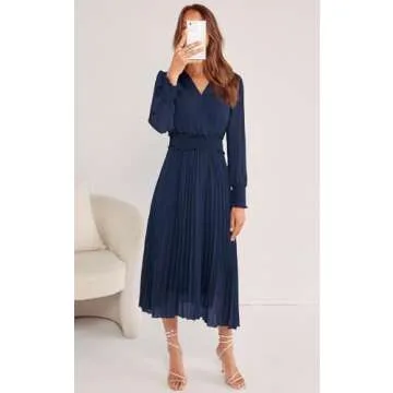 PRETTYGARDEN Womens Wrap V Neck Dresses for Wedding Guest Casual Pleated Long Sleeve Midi Dress Ruffle Smocked Long Dress (Navy,Large)