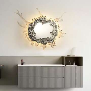 YFMYY Wall Mounted Lighted Water Splash Design Bathroom Mirror, Makeup Vanity Mirror with Light, Neutral Light, Wall Art Deco Lighting Fixtures for Living Room Bedroom Hallway Hotel Washrooms