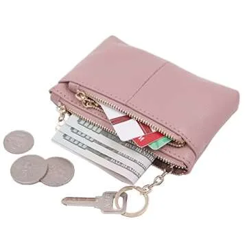 ZOOEASS Coin Purse Women Genuine Leather Zip Mini Purse With Key Ring Triple Zipper Card Holder Wallet (Pink)