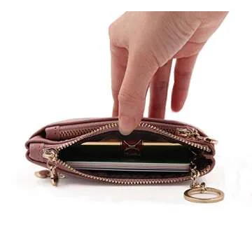 ZOOEASS Coin Purse Women Genuine Leather Zip Mini Purse With Key Ring Triple Zipper Card Holder Wallet (Pink)
