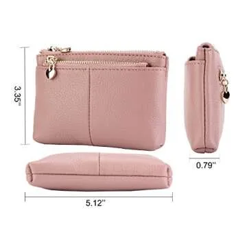 ZOOEASS Coin Purse Women Genuine Leather Zip Mini Purse With Key Ring Triple Zipper Card Holder Wallet (Pink)
