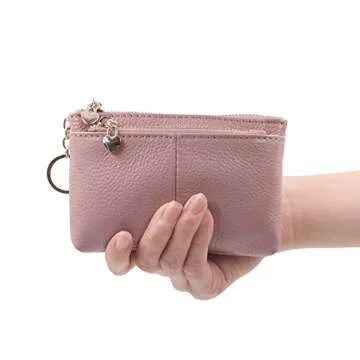 ZOOEASS Coin Purse Women Genuine Leather Zip Mini Purse With Key Ring Triple Zipper Card Holder Wallet (Pink)