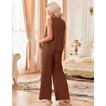 Ekouaer Womens Pajamas 2 Piece Lounge Set Waffle Knit Loungewear Sleeveless Tank Top with Long Pants Outfits,Brown