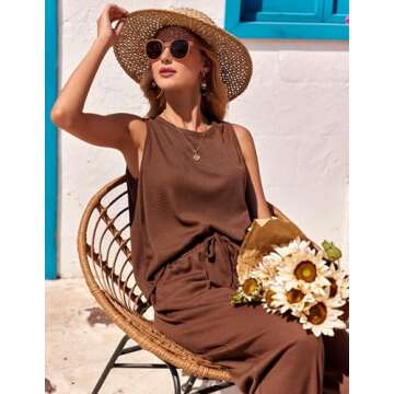 Ekouaer Womens Pajamas 2 Piece Lounge Set Waffle Knit Loungewear Sleeveless Tank Top with Long Pants Outfits,Brown