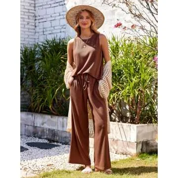 Ekouaer Womens Pajamas 2 Piece Lounge Set Waffle Knit Loungewear Sleeveless Tank Top with Long Pants Outfits,Brown