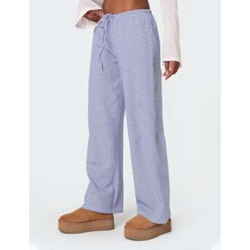 Ugerlov Women's Wide Leg Striped Pants - Casual Drawstring Elastic Lounge Wear