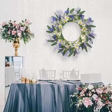 VioletEverGarden Spring Wreaths for Front Door 20 Inch Summer Wreath with Violet Blue and White Daisy Floral Wreath for Indoor Wall Porch Window Decor and Festival Celebration