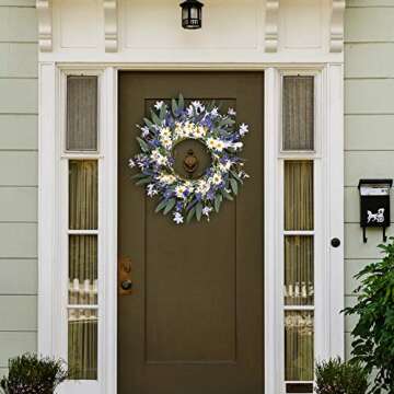 VioletEverGarden Spring Wreaths for Front Door 20 Inch Summer Wreath with Violet Blue and White Daisy Floral Wreath for Indoor Wall Porch Window Decor and Festival Celebration
