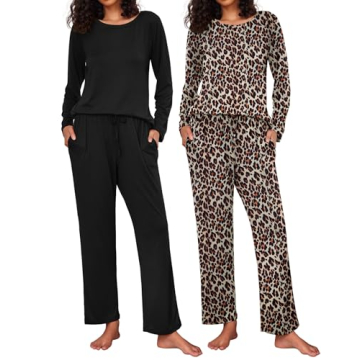 Ekouaer 2 Pack Women's Pajama Set Soft Long Sleeve Sleepwear Loungewear Pjs Sets with Pockets,Small