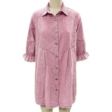 loveimgs Women Loose Babydoll Button Down Denim Mini Dress 3/4 Sleeve Distressed Jean Shirt Dress (Medium, Pink)