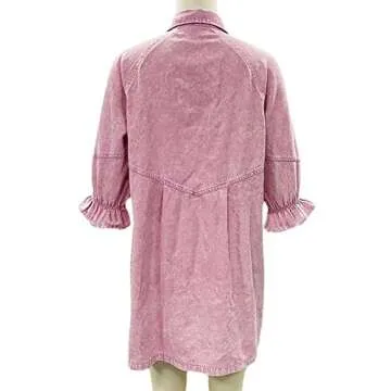 loveimgs Women Loose Babydoll Button Down Denim Mini Dress 3/4 Sleeve Distressed Jean Shirt Dress (Medium, Pink)