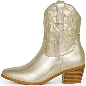 STALOV Short Cowgirl Boots for Women Embroidered Cowboy Ankle Boots,Pointed Toe Low Chunky Heel Pull On Western Stitched Boots