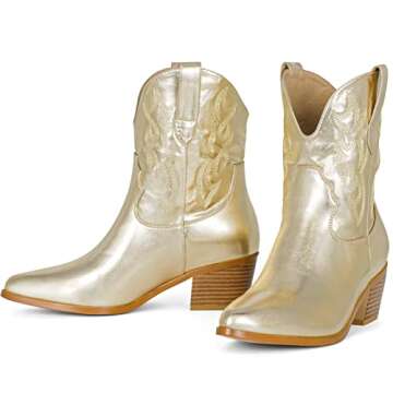 STALOV Short Cowgirl Boots for Women Embroidered Cowboy Ankle Boots,Pointed Toe Low Chunky Heel Pull On Western Stitched Boots