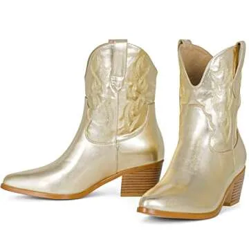 STALOV Short Cowgirl Boots for Women Embroidered Cowboy Ankle Boots,Pointed Toe Low Chunky Heel Pull On Western Stitched Boots