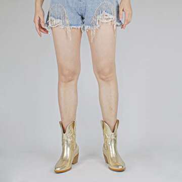 STALOV Short Cowgirl Boots for Women Embroidered Cowboy Ankle Boots,Pointed Toe Low Chunky Heel Pull On Western Stitched Boots