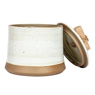 Bloomingville 5 Inches Round Stoneware Lid and Pine Wood and Jute Handle in Reactive Glaze, Beige Canister