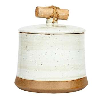 Bloomingville 5 Inches Round Stoneware Lid and Pine Wood and Jute Handle in Reactive Glaze, Beige Canister