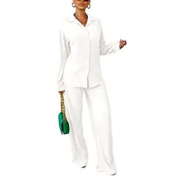 kaimimei Wide Leg Pants Sets Women 2 Piece Outfits - Casual Long Sleeve Button Down Shirt Linen Pants Outfits Streetwear