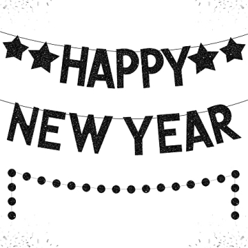 Katchon, Glitter Happy New Year Banner Black - No DIY, 2 Strings | New Years Banner for New Years De...