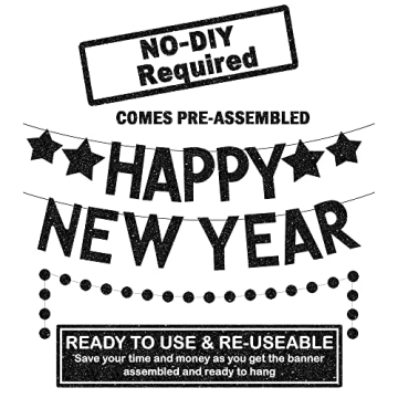 Katchon, Glitter Happy New Year Banner Black - No DIY, 2 Strings | New Years Banner for New Years Decorations 2025 | Black Happy New Year 2025 Banner for New Years Eve Party Supplies 2025