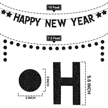 Katchon, Glitter Happy New Year Banner Black - No DIY, 2 Strings | New Years Banner for New Years Decorations 2025 | Black Happy New Year 2025 Banner for New Years Eve Party Supplies 2025
