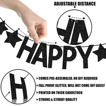 Katchon, Glitter Happy New Year Banner Black - No DIY, 2 Strings | New Years Banner for New Years Decorations 2025 | Black Happy New Year 2025 Banner for New Years Eve Party Supplies 2025