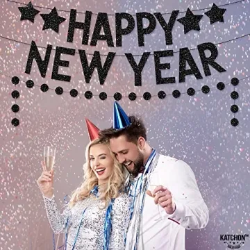 Katchon, Glitter Happy New Year Banner Black - No DIY, 2 Strings | New Years Banner for New Years Decorations 2025 | Black Happy New Year 2025 Banner for New Years Eve Party Supplies 2025