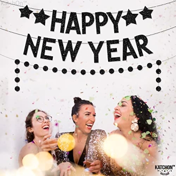 Katchon, Glitter Happy New Year Banner Black - No DIY, 2 Strings | New Years Banner for New Years Decorations 2025 | Black Happy New Year 2025 Banner for New Years Eve Party Supplies 2025