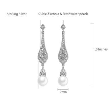 Frankie Fashions Vintage Pearl Dangle Earrings Pearl Wedding Earrings for Brides Bridesmaids Mother of the Bride w/Stunning Pearls and Cubic Zirconia (Silver)