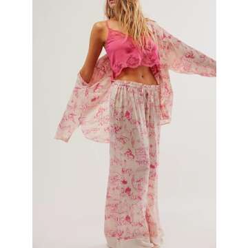 Fenghualzzniya Women Satin Pajama Set Floral Silk Pajamas 2 Piece Lounge Sets Button Down Shirts Wide Leg Pants Pjs Sleepwear, Pink, Medium