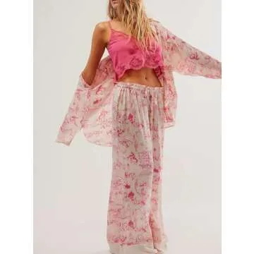 Fenghualzzniya Women Satin Pajama Set Floral Silk Pajamas 2 Piece Lounge Sets Button Down Shirts Wide Leg Pants Pjs Sleepwear, Pink, Medium