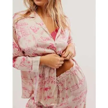 Fenghualzzniya Women Satin Pajama Set Floral Silk Pajamas 2 Piece Lounge Sets Button Down Shirts Wide Leg Pants Pjs Sleepwear, Pink, Medium