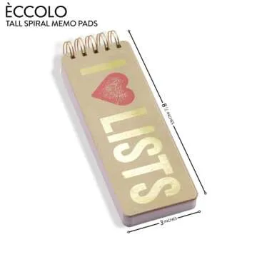 Eccolo Tall Spiral Memo Pad, 300 Pages, 150 Sheets, Double Spiral Binding, Office Essentials for Work, List Notepad for Students, Class, and Shopping, I Heart Lists (Gold, 3x8.5 inches)