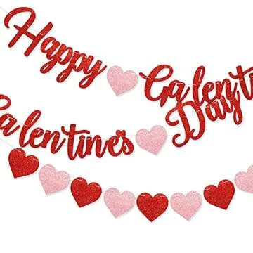 Red Glittery Galentine's Day Banner & Heart Garland