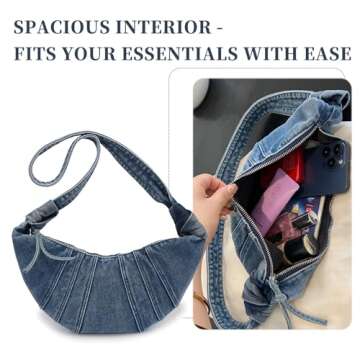 Shoulder Bag for Women, Small Purse with Unique Pleated Design, Denim Crescent Bag