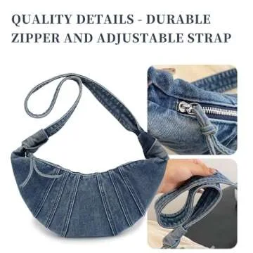 Shoulder Bag for Women, Small Purse with Unique Pleated Design, Denim Crescent Bag